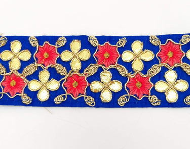 Royal Blue Art Silk Fabric Trim, Salmon Pink & Gold Floral Embroidery Gota Patti Indian Sari Border Trim By Yard Decorative Trim Craft Lace